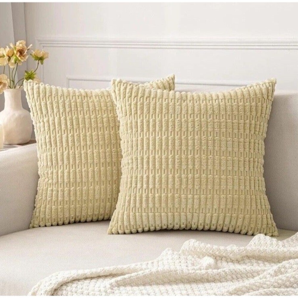 Pack of 2 Corduroy Decorative Throw Pillow Covers 18x18 Inch Soft Boho Striped